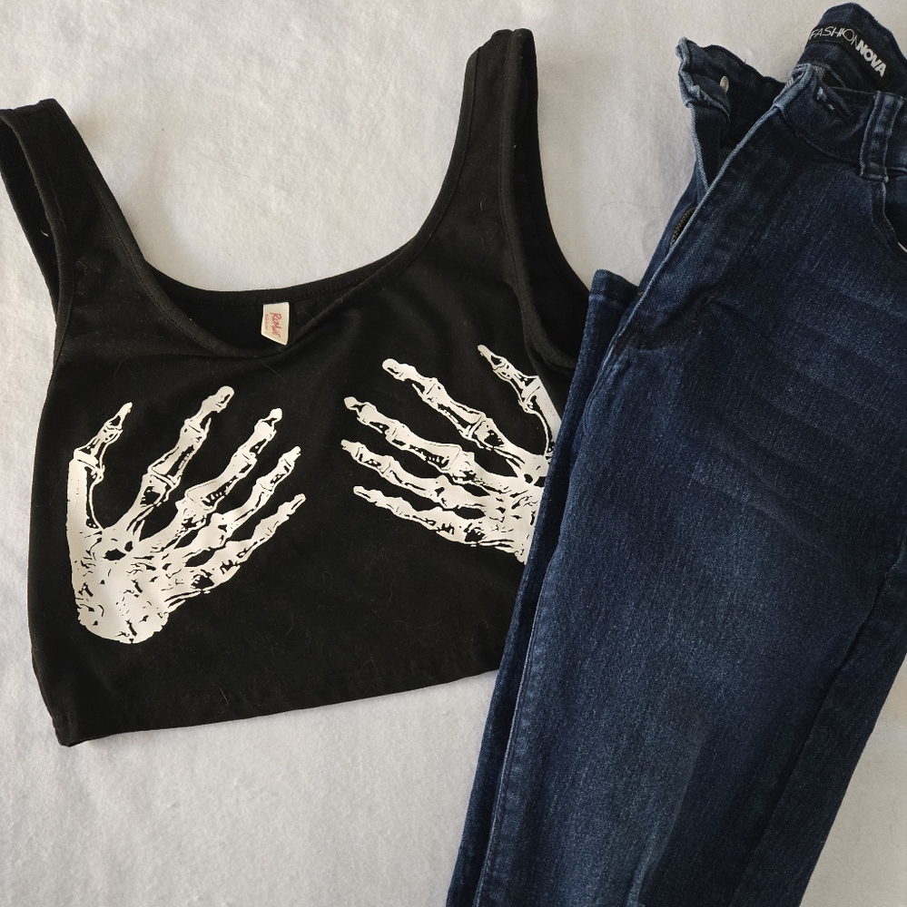 Black 'Skeleton Hand' Crop Top